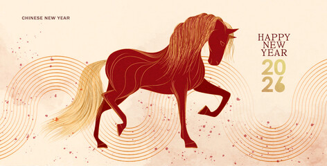 Chinese New Year 2026. Year of the Horse. Modern style holiday poster design with horse symbol and gold line elements.