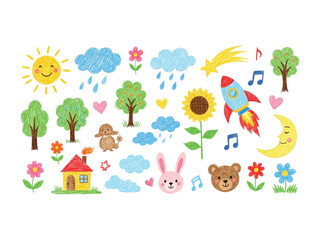 Whimsical Illustrations: A charming collection of hand-drawn illustrations of whimsical and cheerful elements including smiling sun, fluffy clouds, blooming flowers, trees and playful animals.