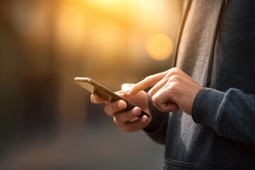 Close up of a man s hand on a smartphone blank space for text Tech and communication theme