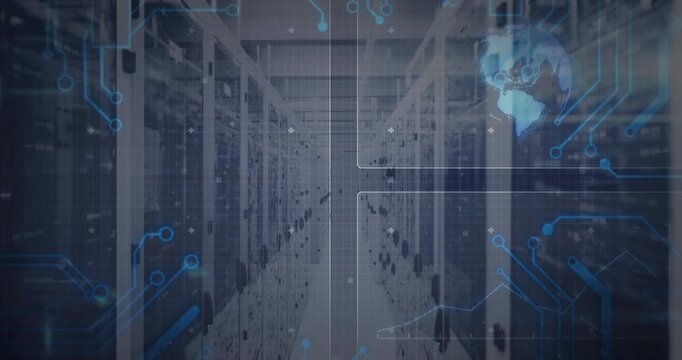 Server aisle displaying code animating over racks pulsing traces, globe rotating showing processes