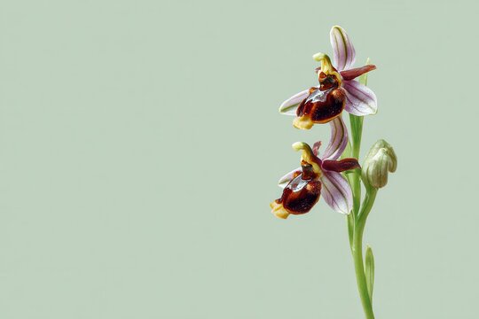 Solitary spider orchid on pale green backdrop known as bee wasp and passiontide orchid a Greek wildflower Ophrys sphegodes
