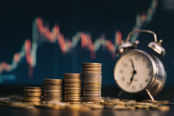 Combined image of a coin stack and alarm clock overlaying a stock market chart for financial analysis