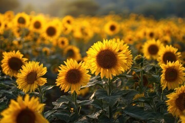 Obraz premium Scenic sunflower garden at sunset Vibrant blooms in an organic field on a sunny day