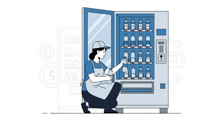 Employee Refilling Vending Machine with Bottled Water In A Modern Flat Illustration