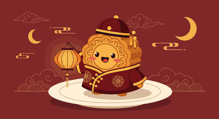 Fototapeta premium Delightful Mooncake Character Holding Lantern Celebrating Traditional Festival Amidst Festive