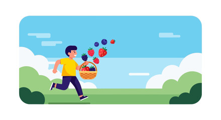 Energetic Boy Harvesting Delicious Berries: A Vibrant Illustration on a Sunny Day