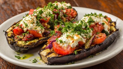 Grilled eggplant stuffed with tomatoes and onions