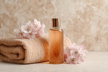 Spa wellness concept essential oil bottle for body and facial hydration with a flower on a beige backdrop