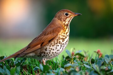 Thrush on grass with a pale green backdrop Turdus on the ground in a sunny summer morning