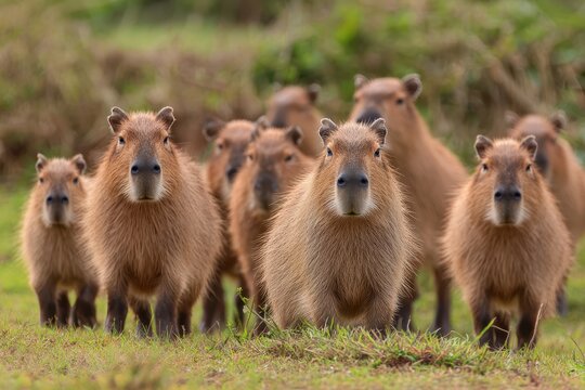 Social capybara herd on grass peaceful South American herbivores in their natural habitat