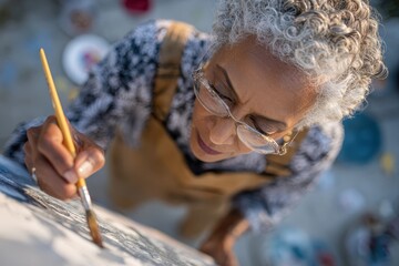 Close up from above of a serious biracial elderly woman painting in her yard reflecting hobbies and retirement