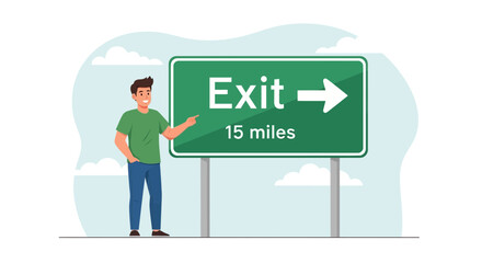 Directional Guide: Traveler at Exit Sign Pointing Towards Next Destination Journey's Path