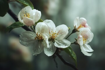close view of apple white blossoms in natural setting