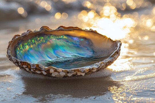 Iridescent abalone shell on a sandy beach with ocean waves and soft sunlight. Use in designs about ocean life, nature, beauty, and summer.