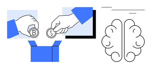 Hands holding coins marked B and S place them into a box next to a stylized brain, symbolizing financial contributions, innovation, and intellectual investments. Ideal for finance, brainstorming