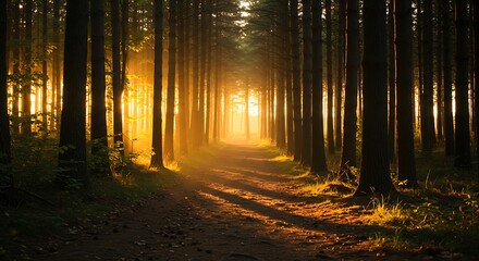 Fototapeta premium A serene forest path at sunset, with golden light filtering through the trees.