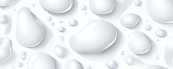Glossy, white liquid droplets of varying sizes scattered with soft shadows on a seamless white background