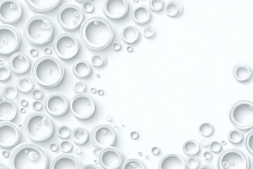 White circles, some with internal spiral details, arranged with drop shadows, create an abstract geometric pattern on a bright, clean background