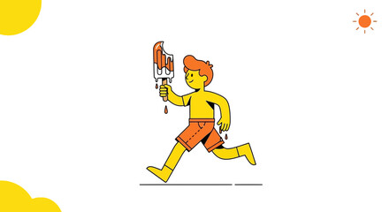 Excited Kid Running With Melted Popsicle Under the Sun, Vivid Illustration