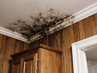 close-up of water-damaged ceiling with black mold growth | damage, renovation, home repair, mold, water leak theme