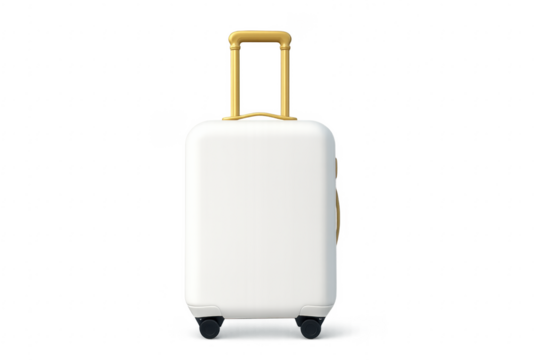 White suitcase with golden handle on transparent background