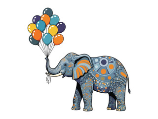 Whimsical Elephant and Balloons: A cheerful illustration of an elephant joyfully floats, tethered to a vibrant bunch of balloons, portraying a sense of freedom, joy, and a colorful fantasy. 