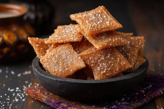 Closeup of a diamond shaped Indian treat known as Shankarpali or Shakkarpara often enjoyed at tea time