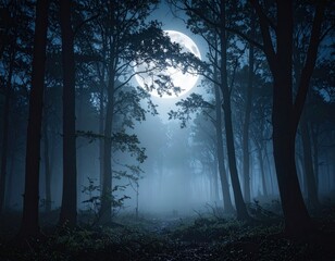 Fototapeta premium A spooky, foggy forest at night with a large full moon shining brightly through the silhouetted trees.