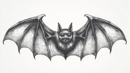 Detailed grayscale drawing of a bat with outstretched wings