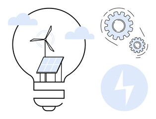 Solar panel and wind turbine within a light bulb outline, with rotating gears and energy bolt. Ideal for sustainability, renewable energy, innovation, technology, eco-friendly design, engineering