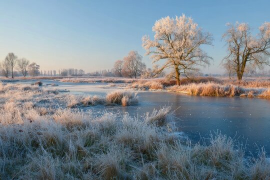 Germany s Brandenburg region Uckermark Schwedt Lower Oder Valley National Park frosty winter morning in the Oder fields skating rink