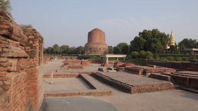sacred buddhist monument dhamek stupa with archaeological remains at day