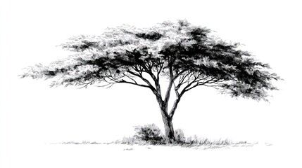 Solitary tree drawing with an umbrella-like canopy in monochrome, over bright background