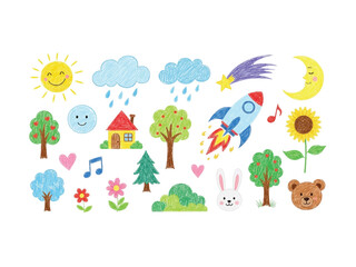 Colorful childhood drawing: An assortment of delightful, crayon-style illustrations of the sun, moon, stars, rocket, and other charming figures, celebrating the wonder of youth.