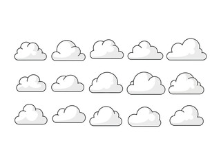 Cloud Cluster Composition: An arrangement of meticulously crafted cloud elements, each with unique shapes and outlines, ready for illustrative use, to be used in various visual contexts.