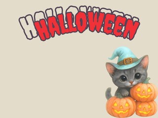 Cute Halloween Greeting Card with Pumpkin, Cat Witch, and Popcorn in Kawaii Illustration Style