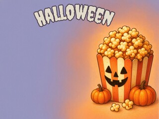 Cute Halloween Greeting Card with Pumpkin, Cat Witch, and Popcorn in Kawaii Illustration Style