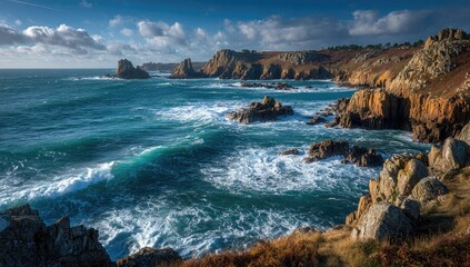 Dramatic coastal scene with crashing waves against rugged rock formations under a partly cloudy sky