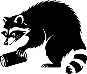 Striking black silhouette illustration of a resourceful raccoon with a can, symbolizing environmental awareness and adaptability