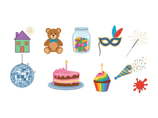Celebration Icons: A vibrant collection of celebratory icons, including a party, cake, cupcake, toy, masquerade mask, sparkler, candy, and house, are beautifully illustrated. 