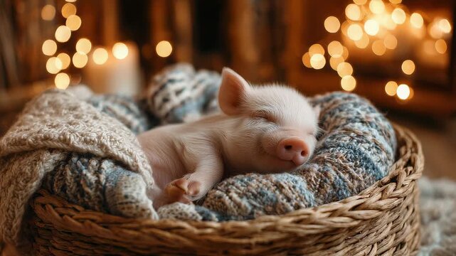 Adorable mini pig peacefully sleeping in cozy basket with knitted blanket, warm Christmas lights glowing in background, cute pet resting in festive holiday atmosphere