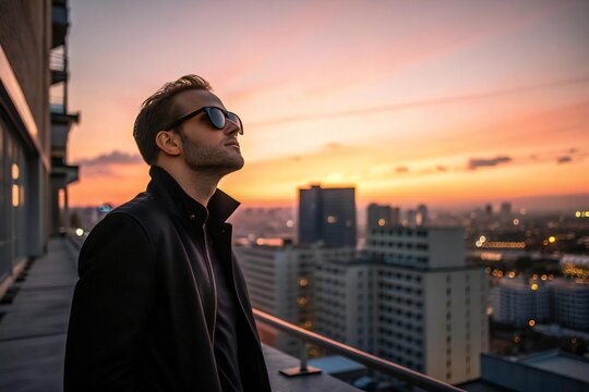 A man in sunglasses looks up at a vibrant sunset from a high building balcony over the city