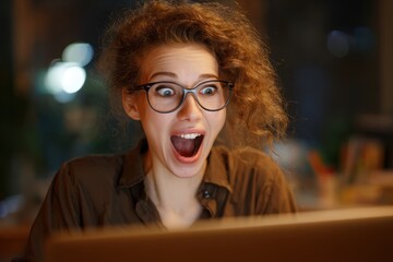 A trainee excitedly celebrates her luck at a table using a computer in a half profile portrait