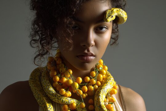 A lovely young woman models for the camera adorned with a kumquat necklace and a yellow python draped over her face