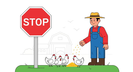 Obraz premium Farmer Feeding Chickens Near Stop Sign, Depicting Farm Life and Countryside Scene