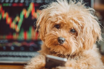 Charming puppy with smartphone in paws looks anxiously around. Trade crypto safely. The real cost of chasing crypto dreams and fast profits. Bitcoin trading help. Trading crypto guide.