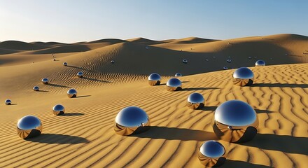 Surreal Desert Landscape with Reflective Spheres Artistic Conceptual Scene and Rippling Sand Dunes under a Clear Sky for Design and Creative Projects