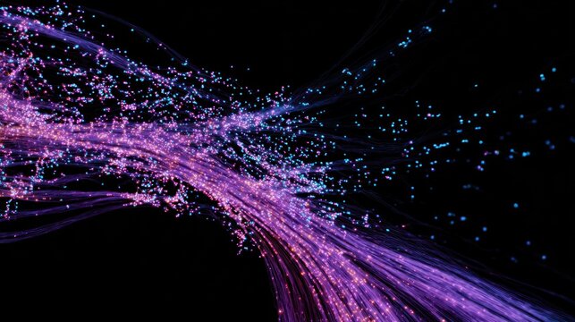 Abstract flow. Light trails of purple and blue with scattered points on a black background. Ethereal and dynamic