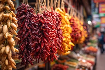 Fototapeta premium Colorful dried chili peppers in a busy Asian market representing culinary variety and spice commerce