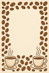 Obraz premium Decorative Border International Coffee Day with steaming coffee cups, roasted bean frame and cozy café-inspired layout in warm brown tones for beverage celebration visuals or relaxing lifestyle